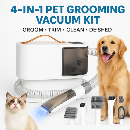 4-in-1 Pet Grooming Vacuum Kit – Low Noise Dog & Cat Hair Remover with Clippers, Brushes & 2L Dust Cup